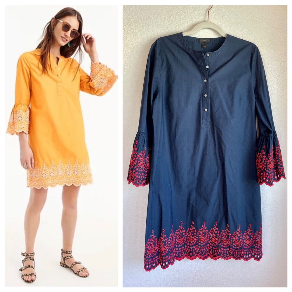 J. Crew Navy Blue Red Embroidered Eyelet Bell Sleeve Shift Dress Medium EUC